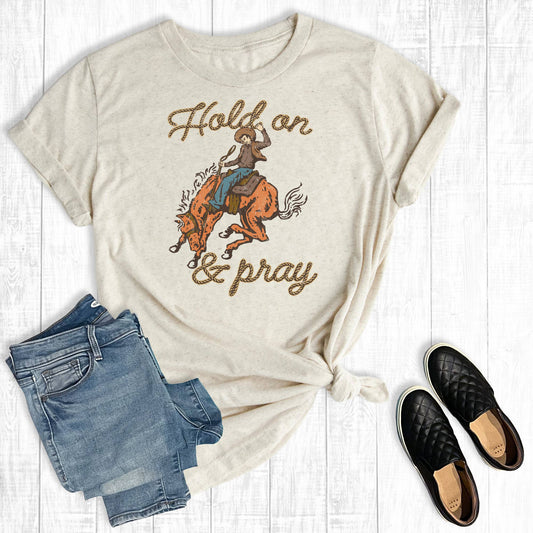 Hold On And Pray Cowboy Graphic Tee: Oat / M / Short Sleeve