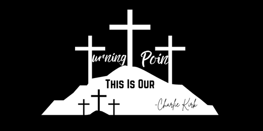 Black background with white crosses and text 'This is Our Turning Point'.