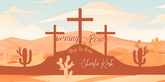 Desert landscape with crosses and 'Wishing Park' sign, featuring the name 'Charlie Kirk'.