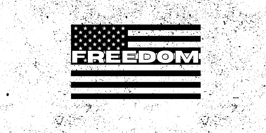 American flag with 'FREEDOM' text on a textured white background