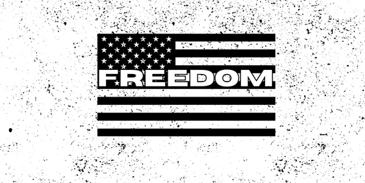 American flag with 'FREEDOM' text on a textured white background