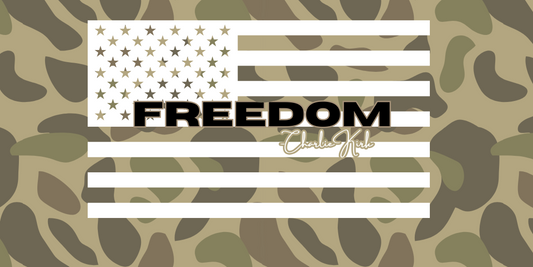 Camouflage patterned background with 'Freedom' logo and text.