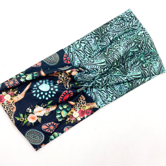 Tooled Leather Turquoise/Bull Gemstone Headband