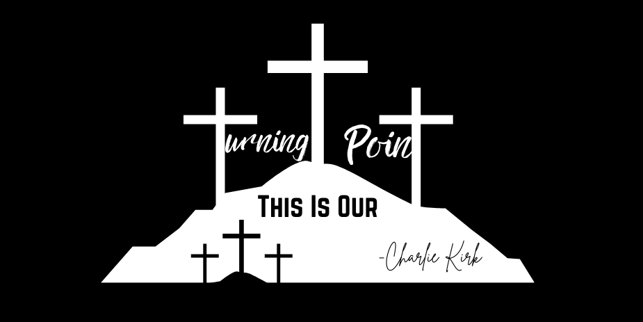 Black background with white crosses and text 'This is Our Turning Point'.