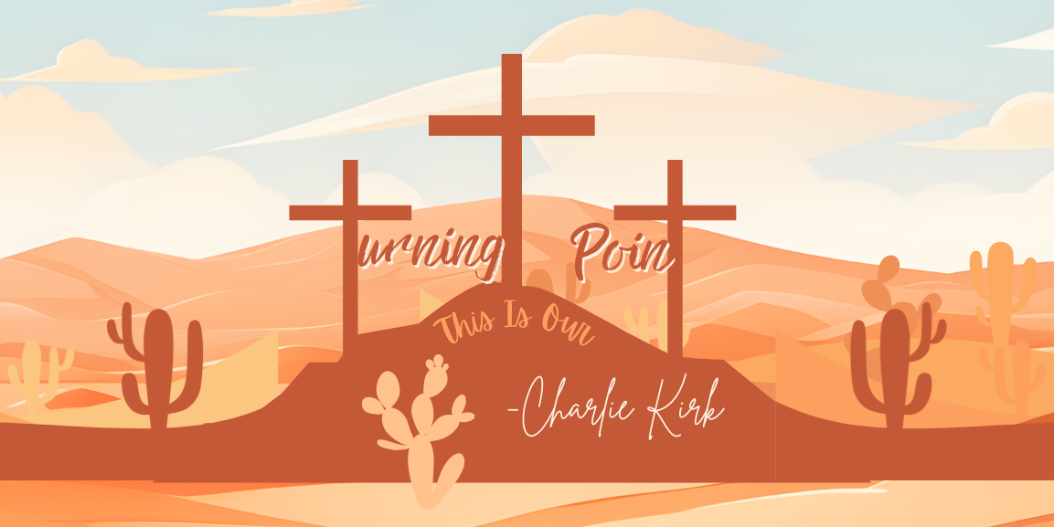 Desert landscape with crosses and 'Wishing Park' sign, featuring the name 'Charlie Kirk'.