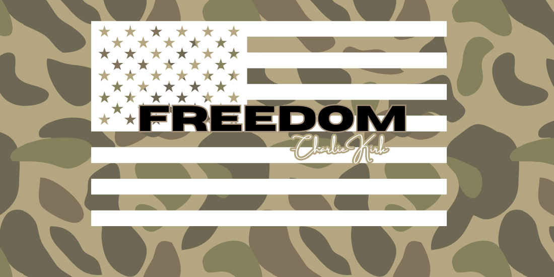 Camouflage patterned background with 'Freedom' logo and text.