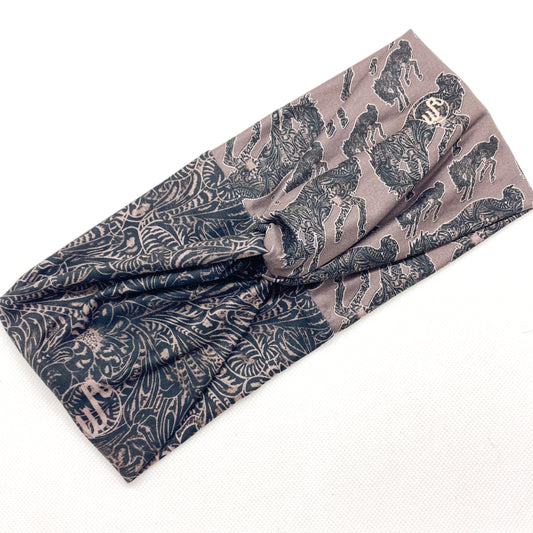 Tooled Black Leather/Buckin' Bronco Headband