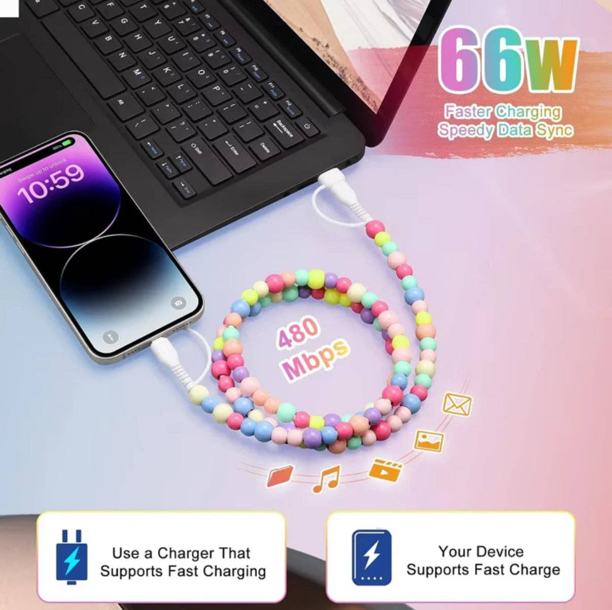 Light Turquoise Beaded 4-In 1 Charging Cable